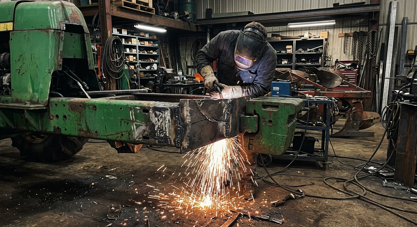 Soudeur reparant de la machinerie agricole a l atelier MLC MetalFab